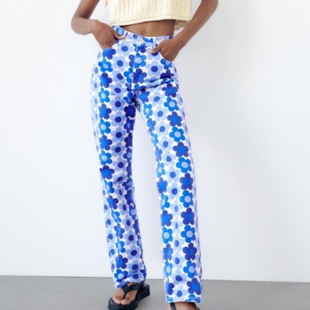 Zara Flower Pattern Printed Blue Jeans 100% Cotton